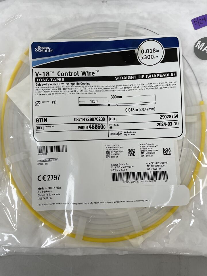 46860 - BOSTON SCIENTIFIC - V-18 Control Wire with ICE Hydrophilic Coating - Long Taper, Straight Tip (Shapeable) Guidewire - .018" x 300cm, (EA) - ( Expiry Date: 2024-03-10 )