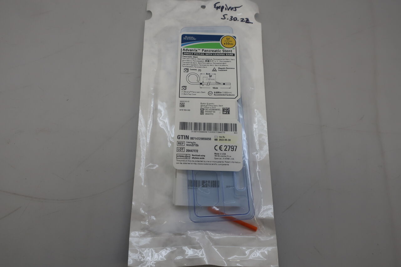 3718 - BOSTON SCIENTIFIC - Advanix Pancreatic Stent - Single Pigtail with Leading Barb - 5Fr x 10cm, (EA) - ( Expiry Date: 2024-03-24 )