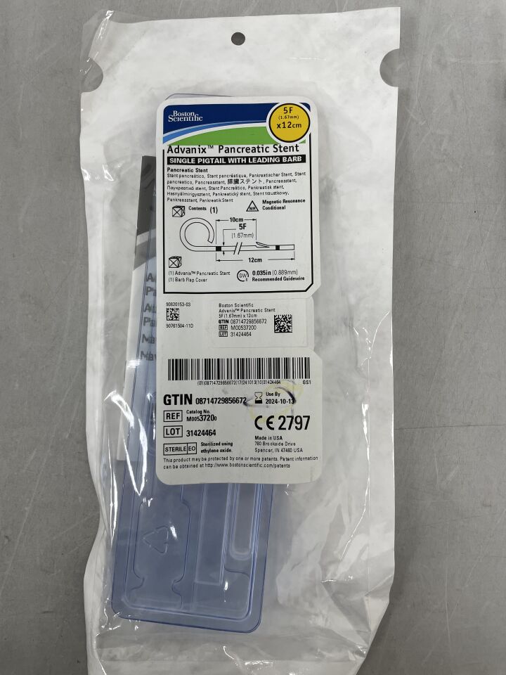 3720 - BOSTON SCIENTIFIC - Advanix Pancreatic Stent - Single Pigtail with Leading Barb - 5Fr x 12cm, (EA) - ( Expiry Date: 2024-04-23 )