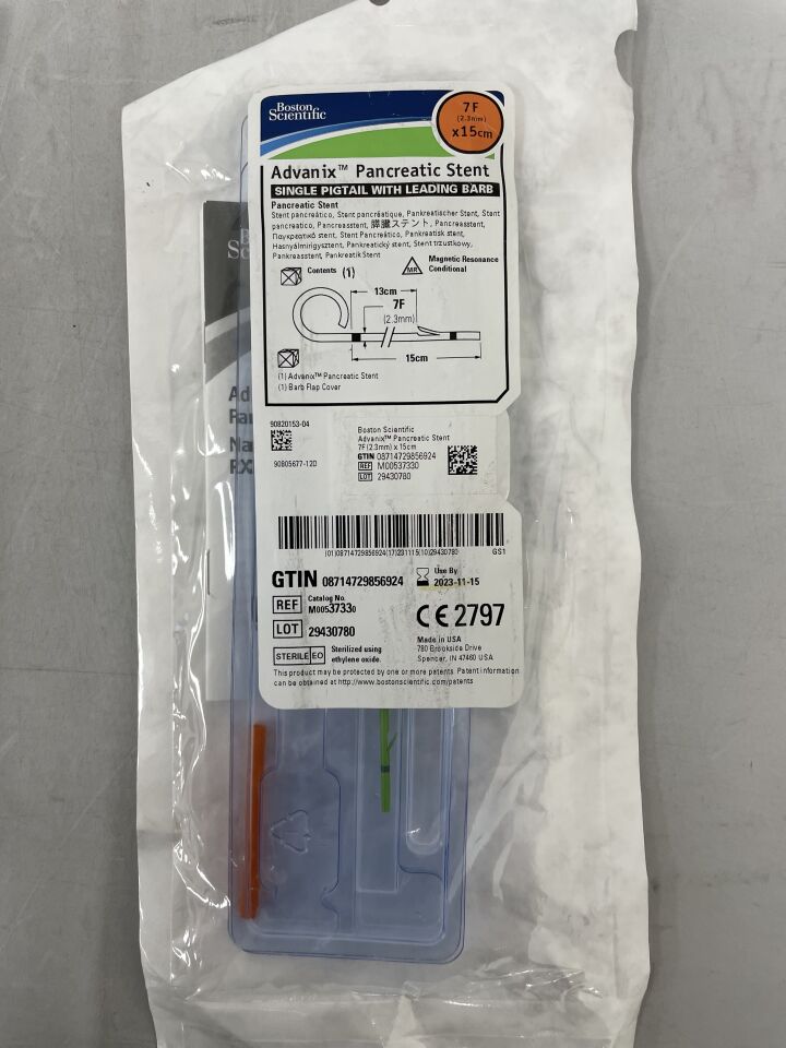 3733 - BOSTON SCIENTIFIC - Advanix Pancreatic Stent - Single Pigtail with Leading Barb - 7Fr x 15cm, (EA) - ( Expiry Date: 2024-04-23 )