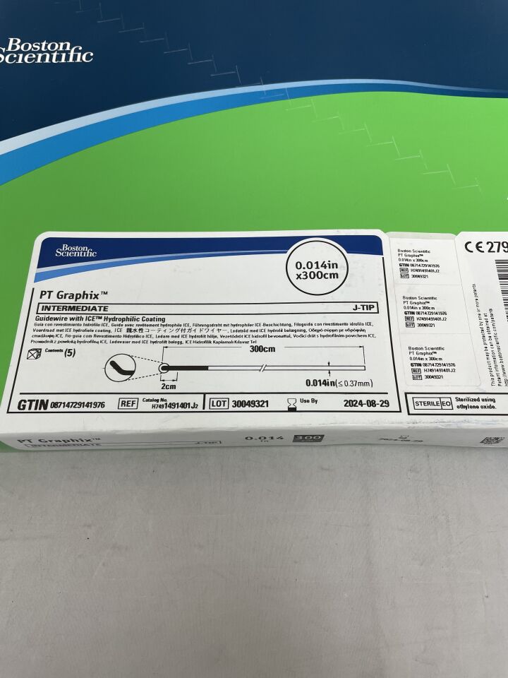 1491401J - BOSTON SCIENTIFIC - PT Graphix Guidewire with ICE Hydrophilic Coating, Intermediate, J-Tip, 0.014 in. dia. x 300 cm Length, (BX/5) - ( Expiry Date: 2024-08-29 )