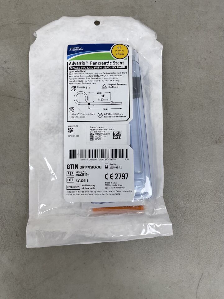 3711 - BOSTON SCIENTIFIC - Advanix Pancreatic Stent - Single Pigtail with Leading Barb - 5Fr x 3cm, (EA) - ( Expiry Date: 2025-06-12 )
