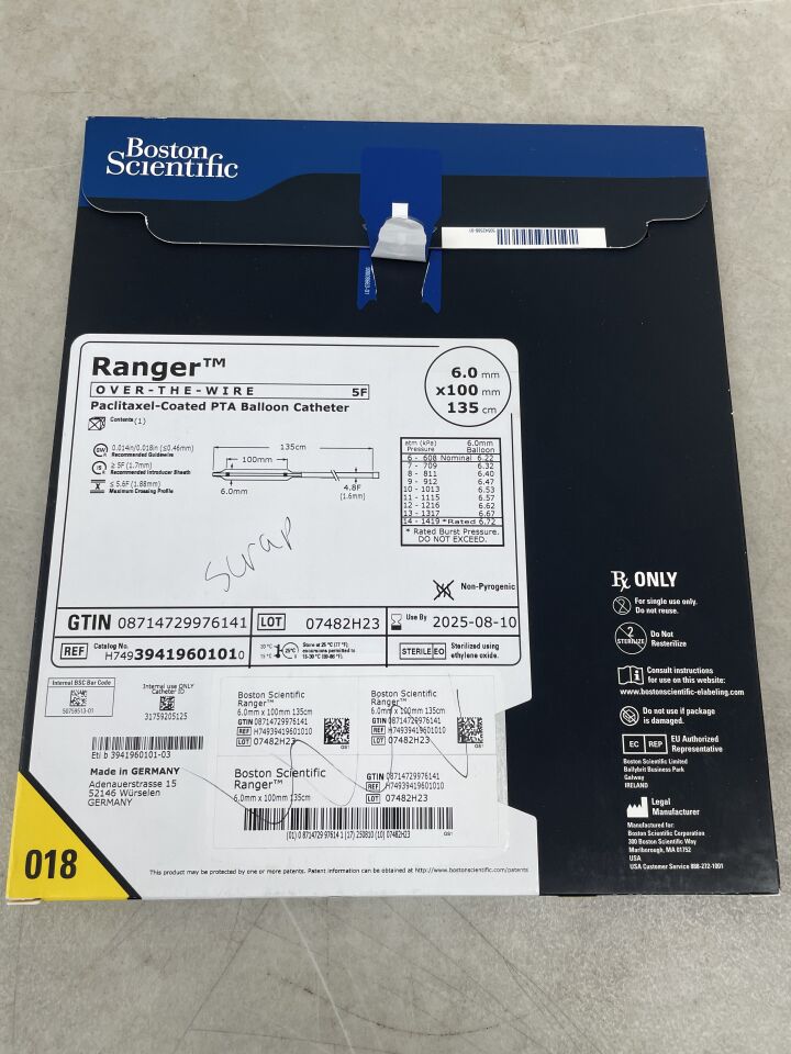 3941960101 - BOSTON SCIENTIFIC - Ranger Paclitaxel-Coated PTA Balloon Catheter - OTW - 6.0mm x 100mm x 135cm, (BX/1) - ( Expiry Date: 2025-08-10 )