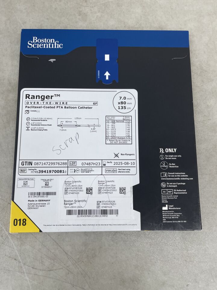 3941970081 - BOSTON SCIENTIFIC - Ranger Paclitaxel-Coated PTA Balloon Catheter - OTW - 7.0mm x 80mm x 135cm, (BX/1) - ( Expiry Date: 2025-08-10 )