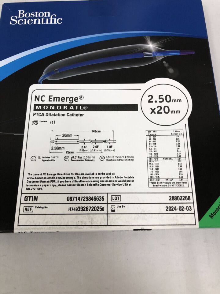 392672025 - BOSTON SCIENTIFIC - NC Emerge Monorail PTCA Dilatation Catheter 2.50mm x 20mm, (BX/1) - ( Expiry Date: 2025-09-07 )