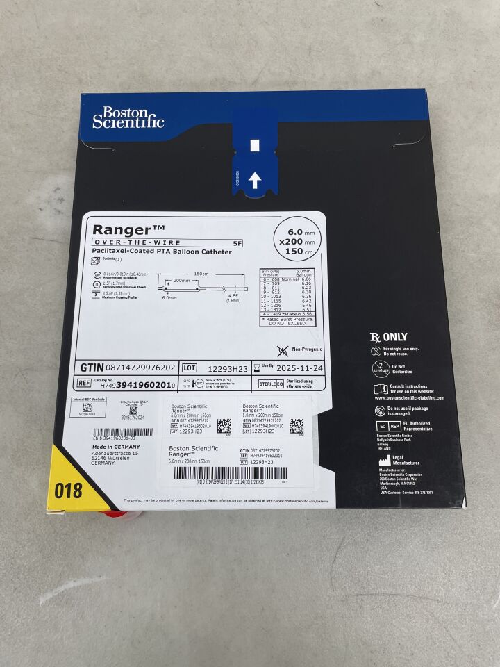 3941960201 - BOSTON SCIENTIFIC - Ranger Paclitaxel-Coated PTA Balloon Catheter - OTW - 6.0mm x 200mm x 150cm, (BX/1) - ( Expiry Date: 2025-11-24 )
