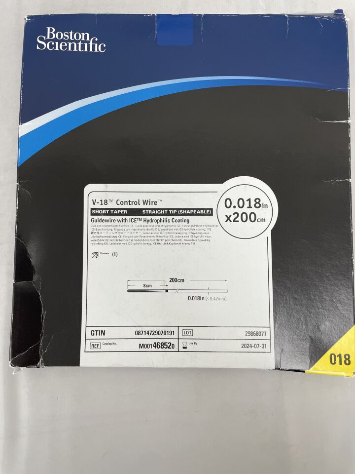 46852 - BOSTON SCIENTIFIC - V-18 Control Wire with ICE Hydrophilic Coating - Short Taper, Straight Tip (Shapeable) Guidewire - .018" x 200cm, (BX/1) - ( Expiry Date: 2026-03-21 )