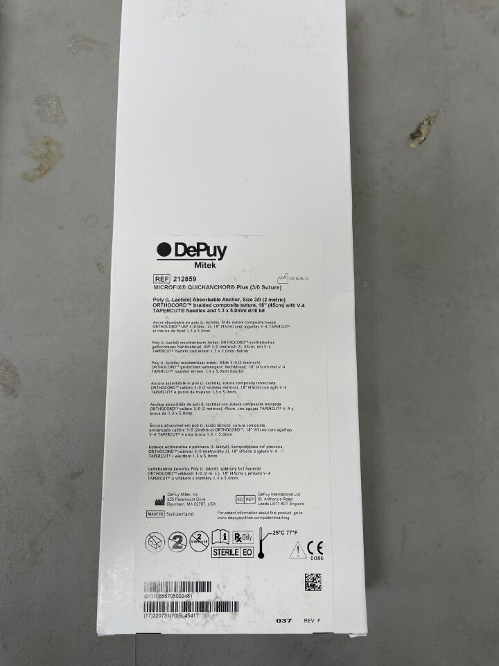 212859 - DEPUY - Microfix QuickAnchor Plus PLA Suture Anchor with Orthocord Suture and V-4 Needle, (BX/1) - ( Expiry Date: 2022-07-31 )