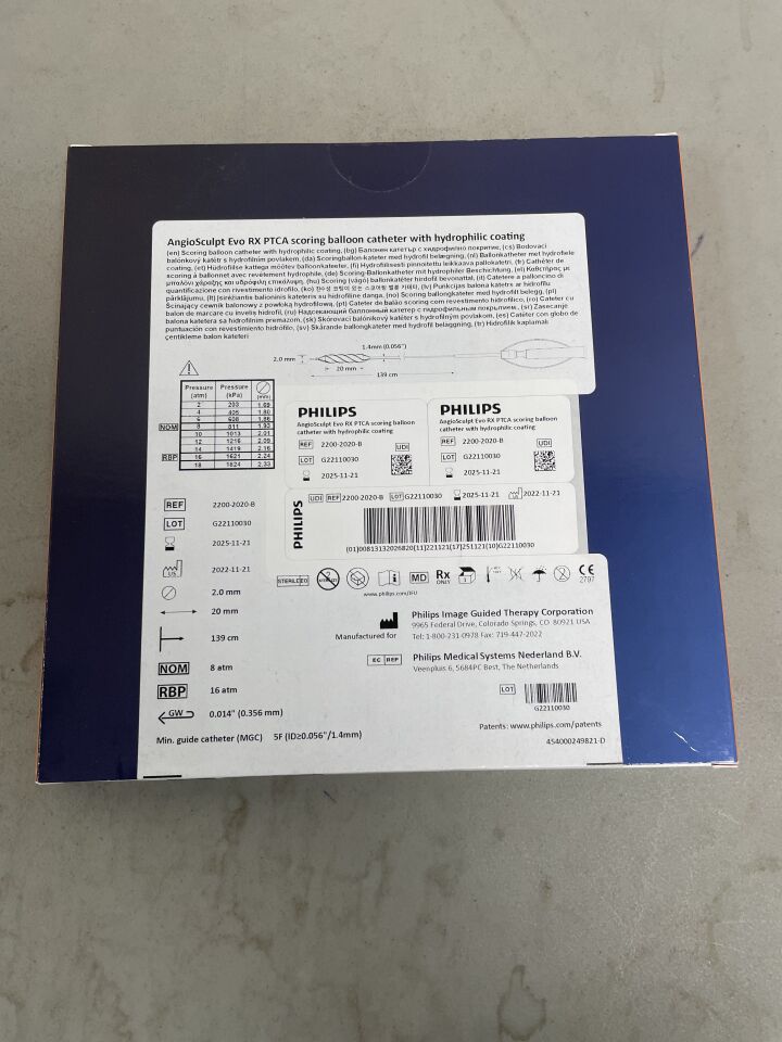 2200-2020-B - PHILIPS - AngioSculpt Evo RX PTCA Scoring Balloon Catheter with Hydrophilic Coating - 2.0mm x 20mm x 139cm, (BX/1) - ( Expiry Date: 2025-11-21 )