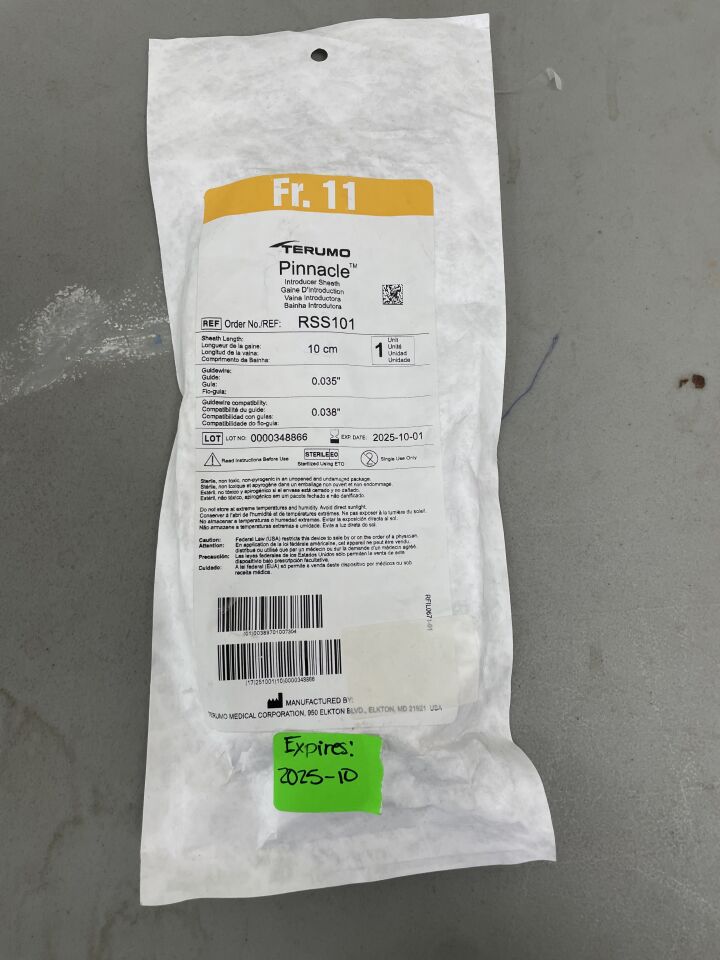 RSS101 - TERUMO - Pinnacle Introducer Sheath, 11 Fr ID x 10 cm Length, (EA) - ( Expiry Date: 2025-10-01 )