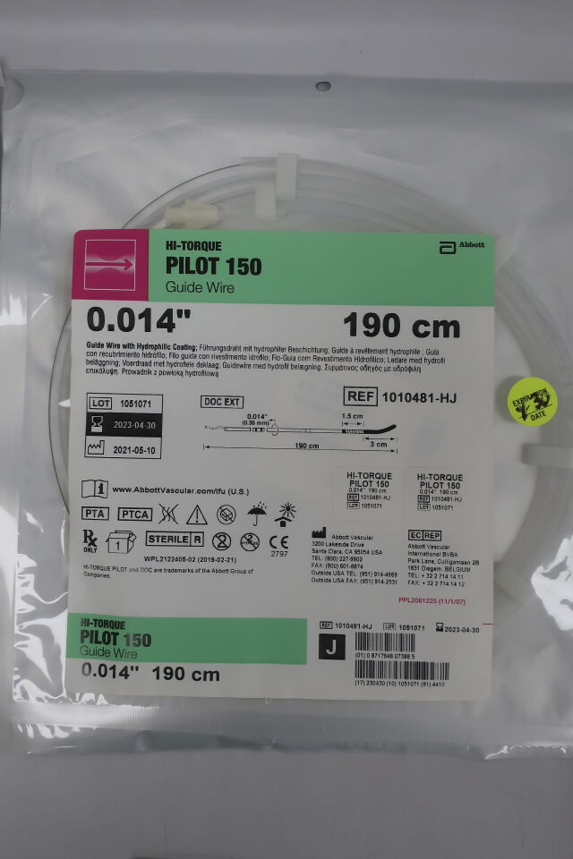 1010481-HJ - ABBOTT - HI-TORQUE PILOT 150 Guide Wire - J-Tip - .014" x 190cm, (EA) - ( Expiry Date: 2024-11-30 )