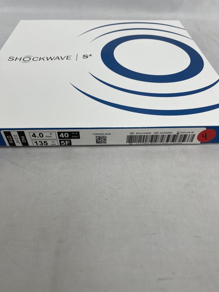 S4IVLK4040 - SHOCKWAVE MEDICAL - S4 Peripheral Intravascular Lithotripsy Catheter & Cable Sleeve - OTW - 4.0mm x 40mm x 135cm x 5Fr, (BX/1) - ( Expiry Date: 2025-08-31 )