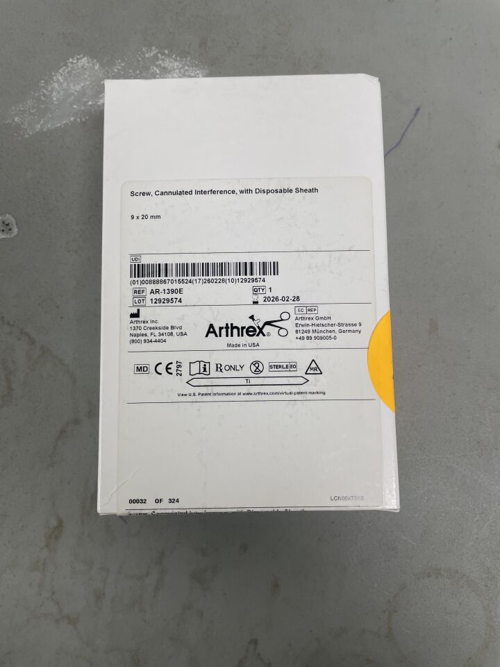AR-1390E - ARTHREX - Cannulated Interference Screw with Disposable Sheath, 9 dia. x 20 mm Length, (BX/1) - ( Expiry Date: 2026-02-28 )