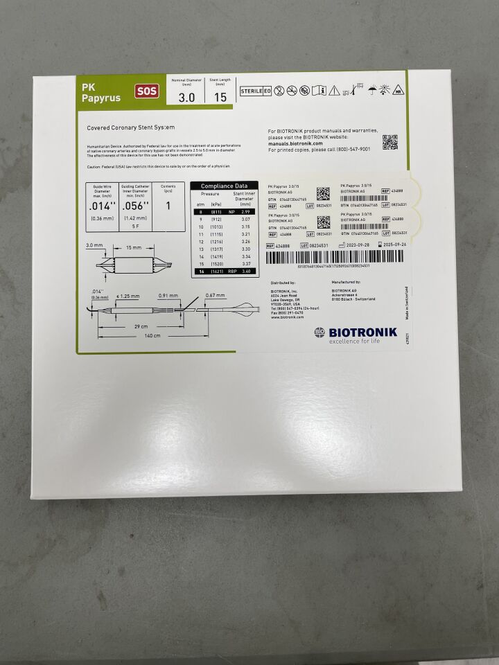 434888 - BIOTRONIK - PK Papyrus Covered Coronary Stent System - SOS - 3.0mm x 15mm x 140cm, (BX/1) - ( Expiry Date: 2025-09-26 )