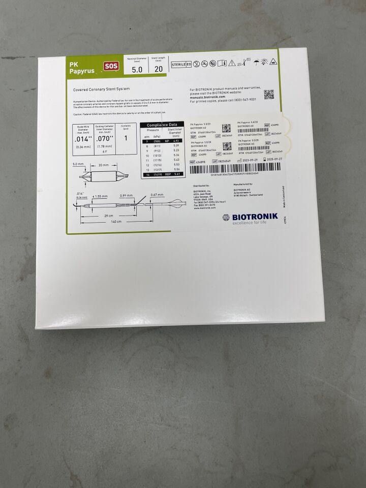 434898 - BIOTRONIK - PK Papyrus Covered Coronary Stent 5.0mm x 20mm, 140cm, (BX/1) - ( Expiry Date: 2025-09-27 )