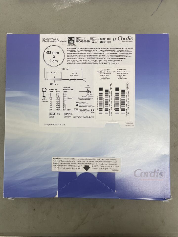 48008002N - CORDIS - SABER .035" OTW PTA Dilatation Catheter - 8mm x 2cm x 80cm, (BX/1) - ( Expiry Date: 2025-11-30 )