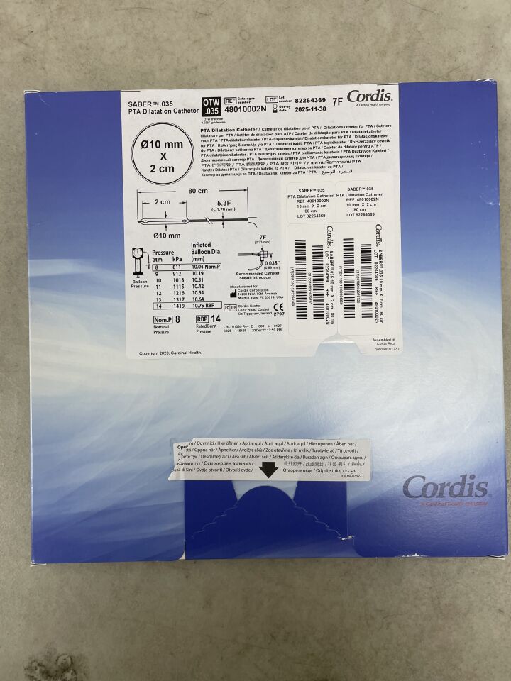 48010002N - CORDIS - SABER .035 PTA Dilation Catheter 10mm x 20mm x 80cm, (BX/1) - ( Expiry Date: 2025-10-31 )