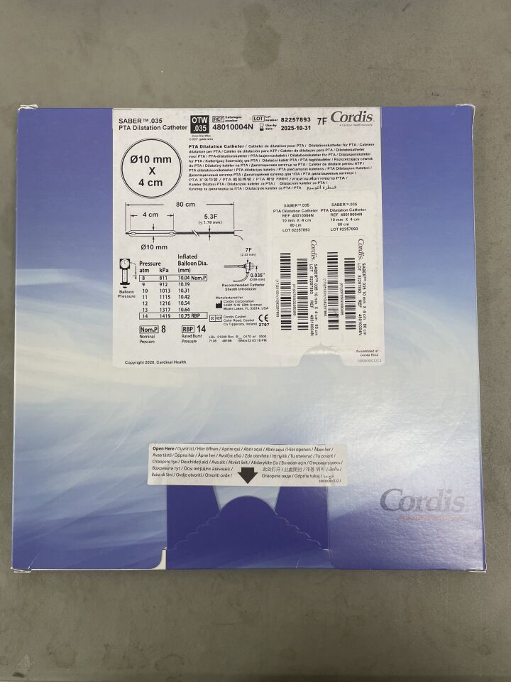 48010004N - CORDIS - SABER .035" OTW PTA Dilatation Catheter - 10mm x 4cm x 80cm, (BX/1) - ( Expiry Date: 2025-10-31 )