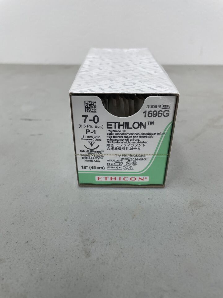 1696G - ETHICON - Ethilon Non-Absorbable Monofilament Nylon Suture, Size 7-0, 18 in. Length, P-1 Needle, (BX/12) - ( Expiry Date: 2026-05-31 )