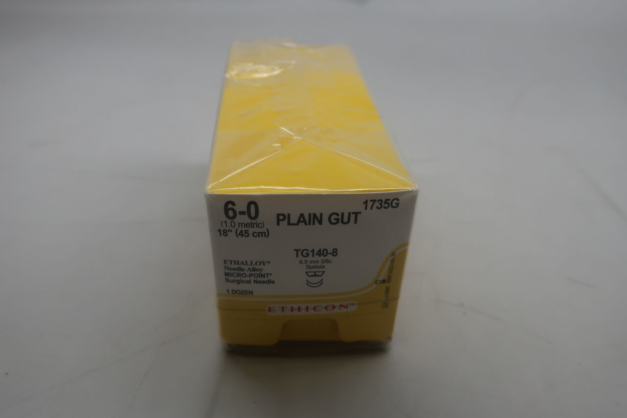 1735G - ETHICON - Gut Plain Absorbable Monofilament Suture, Size 6-0, 18 in. Length, TG140-8 Needle, (BX/12) - ( Expiry Date: 2026-02-28 )
