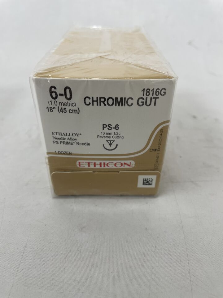 1816G - ETHICON - Surgical Gut Suture - Chromic, Precision Point - Reverse Cutting, Absorbable, PS-6 11mm ½ Circle, Chromic Monofilament 18" = 45cm, Size: 6-0, (BX/12) - ( Expiry Date: 2025-04-30 )