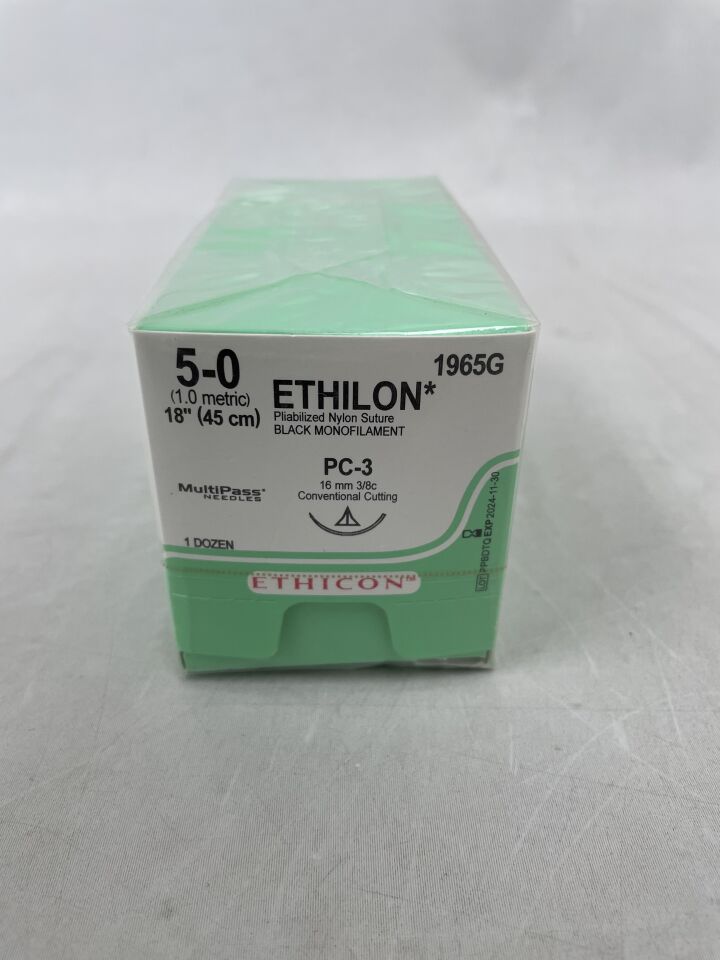 1965G - ETHICON - ETHILON Nylon Suture, Precision Cosmetic - Conventional Cutting PRIME, Black Monofilament 18" = 45cm, Size: 5-0, (BX/12) - ( Expiry Date: 2026-02-28 )