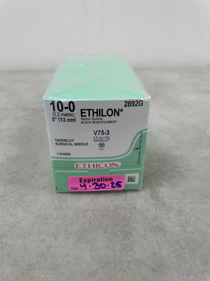 2892G - ETHICON - ETHILON Nylon Suture, TAPERCUT, Non-Absorbable, V75-3 3.5mm ¼ Circle, Black Monofilament 5" = 13cm, Size: 10-0, (BX/12) - ( Expiry Date: 2026-04-30 )