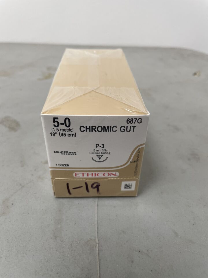 687G - ETHICON - Gut Chromic Absorbable Monofilament Suture, Size 5-0, 18 in. Length, P-3 Needle, (BX/12) - ( Expiry Date: 2019-01-31 )