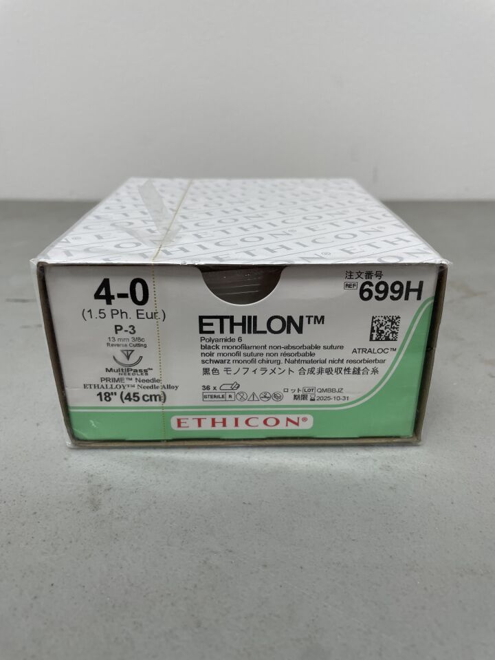 699H - ETHICON - Ethilon Non-Absorbable Monofilament Nylon Suture, Size 4-0, 18 in. Length, P-3 Needle, (BX/36) - ( Expiry Date: 2025-10-31 )