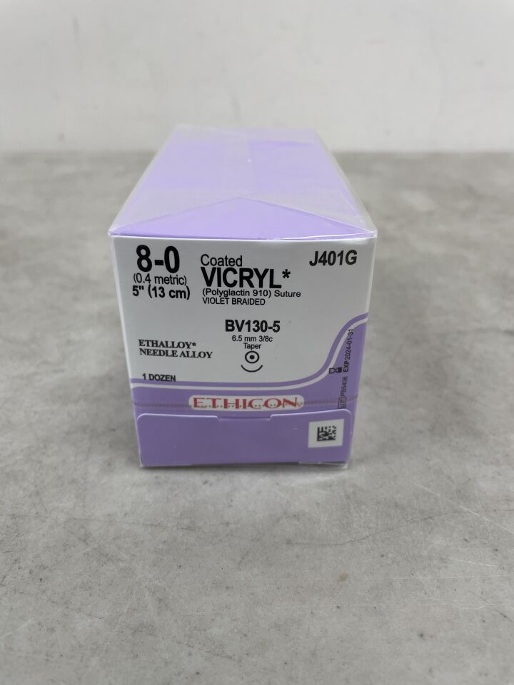 J401G - ETHICON - Coated Vicryl Absorbable Braided Polyglactin 910 Suture, Size 8-0, 5 in. Length, BV130-5 Needle, (BX/12) - ( Expiry Date: 2025-12-31 )
