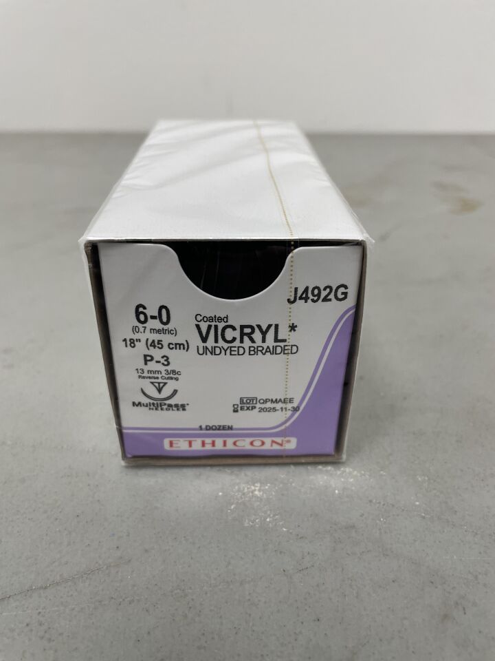 J492G - ETHICON - Coated Vicryl Absorbable Braided Polyglactin 910 Suture, Size 6-0, 18 in. Length, P-3 Needle, (BX/12) - ( Expiry Date: 2025-11-30 )