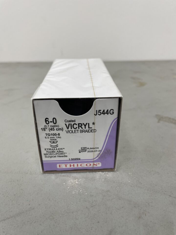 J544G - ETHICON - Coated Vicryl Absorbable Braided Polyglactin 910 Suture, Size 6-0, 18 in. Length, TG100-8 Needle, (BX/12) - ( Expiry Date: 2026-07-31 )