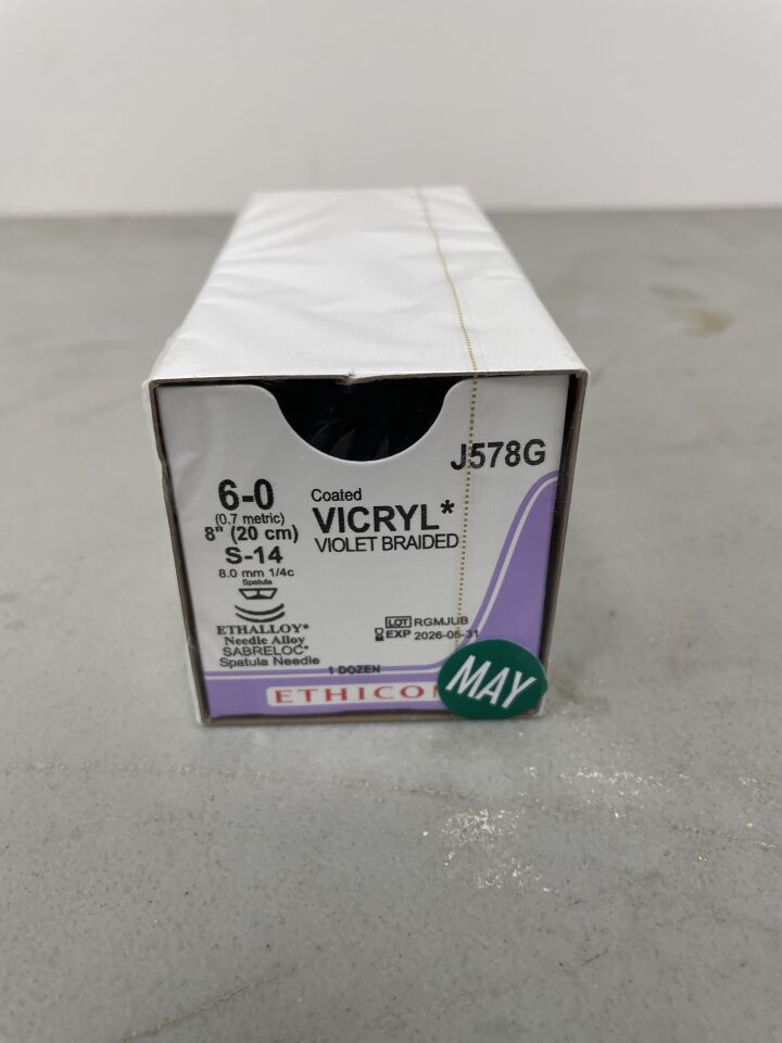 J578G - ETHICON - COATED VICRYL (polyglactin 910) Suture, SABRELOC - Spatula, Absorbable, Violet Braided 8" = 20cm, Size: 6-0, (BX/12) - ( Expiry Date: 2026-05-31 )