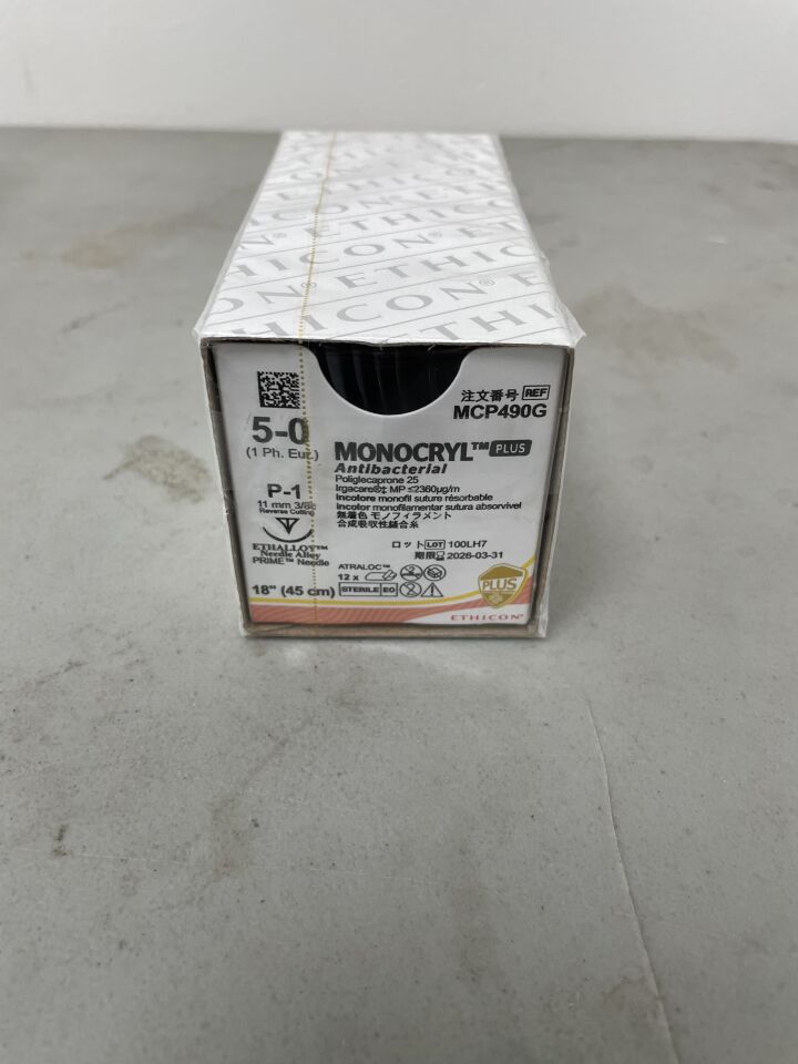 MCP490G - ETHICON - MONOCRYL Plus Antibacterial (poliglecaprone 25) Suture, Precision Point - Reverse Cutting, Undyed Monofilament 18" = 45cm, Size: 5-0, (BX/12) - ( Expiry Date: 2026-03-31 )