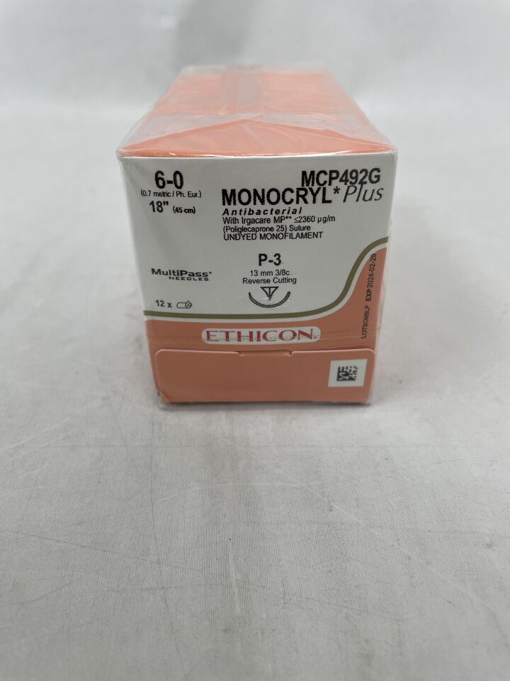 MCP492G - ETHICON - MONOCRYL Plus Antibacterial Precision Point - Reverse Cutting, Absorbable, P-3 13mm 3/8 Circle, Undyed Monofilament 18" = 45cm, Size: 6-0, (BX/12) - ( Expiry Date: 2026-02-28 )