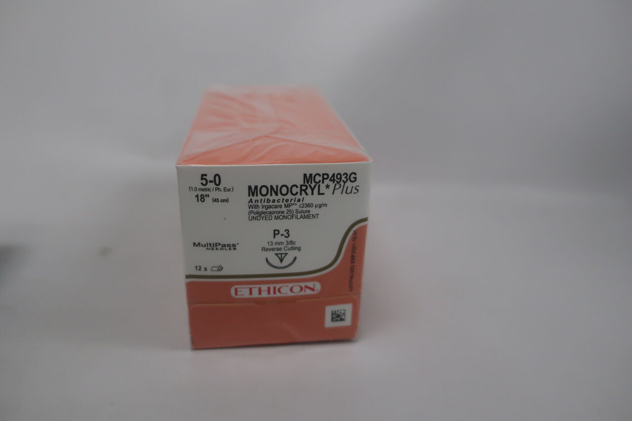 MCP493G - ETHICON - Monocryl Plus Absorbable Monofilament Suture, Size 5-0, 18 in. Length, P-3 Needle, (BX/12) - ( Expiry Date: 2026-03-31 )