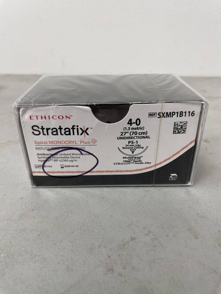 SXMP1B116 - ETHICON - STRATAFIX Spiral Monocryl Plus Suture, Reverse Cutting, Absorbable, PS-1 24mm 3/8 Circle, 27 = 70cm, Size 4-0, (BX/12) - ( Expiry Date: 2026-04-30 )