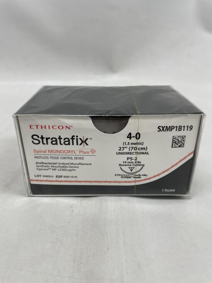 SXMP1B119 - ETHICON - Stratafix Spiral Monocryl Plus Knotless Tissue Control Device, Size 3-0, 27 in. Length, Undyed Monofilament, 3/8 Circle, 19 mm, (BX/12) - ( Expiry Date: 2026-04-30 )
