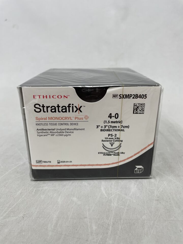 SXMP2B405 - ETHICON - STRATAFIX SPIRAL MONOCRYL PLUS, Size 4-0, Undyed, Needle PS-2, 7cm x 7cm, (BX/12) - ( Expiry Date: 2025-07-31 )
