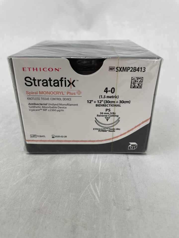 SXMP2B413 - ETHICON - STRATAFIX SPIRAL MONOCRYL PLUS, Size 4-0, Undyed, Needle PS, 30cm x 30cm, (BX/12) - ( Expiry Date: 2026-02-28 )