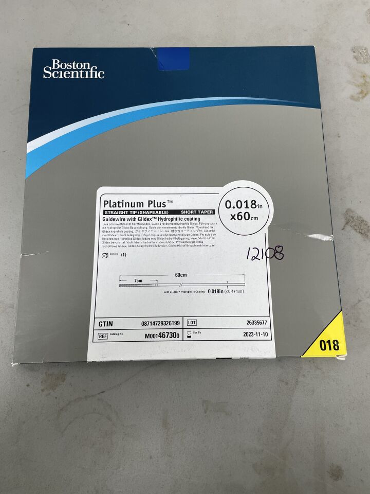 46730 - BOSTON SCIENTIFIC - Platinum Plus Guidewire With Glidex Hydrophilic Coating, 0.018in x 60cm, Straight Tip (Shapeable) Short Taper, (BX/1)
