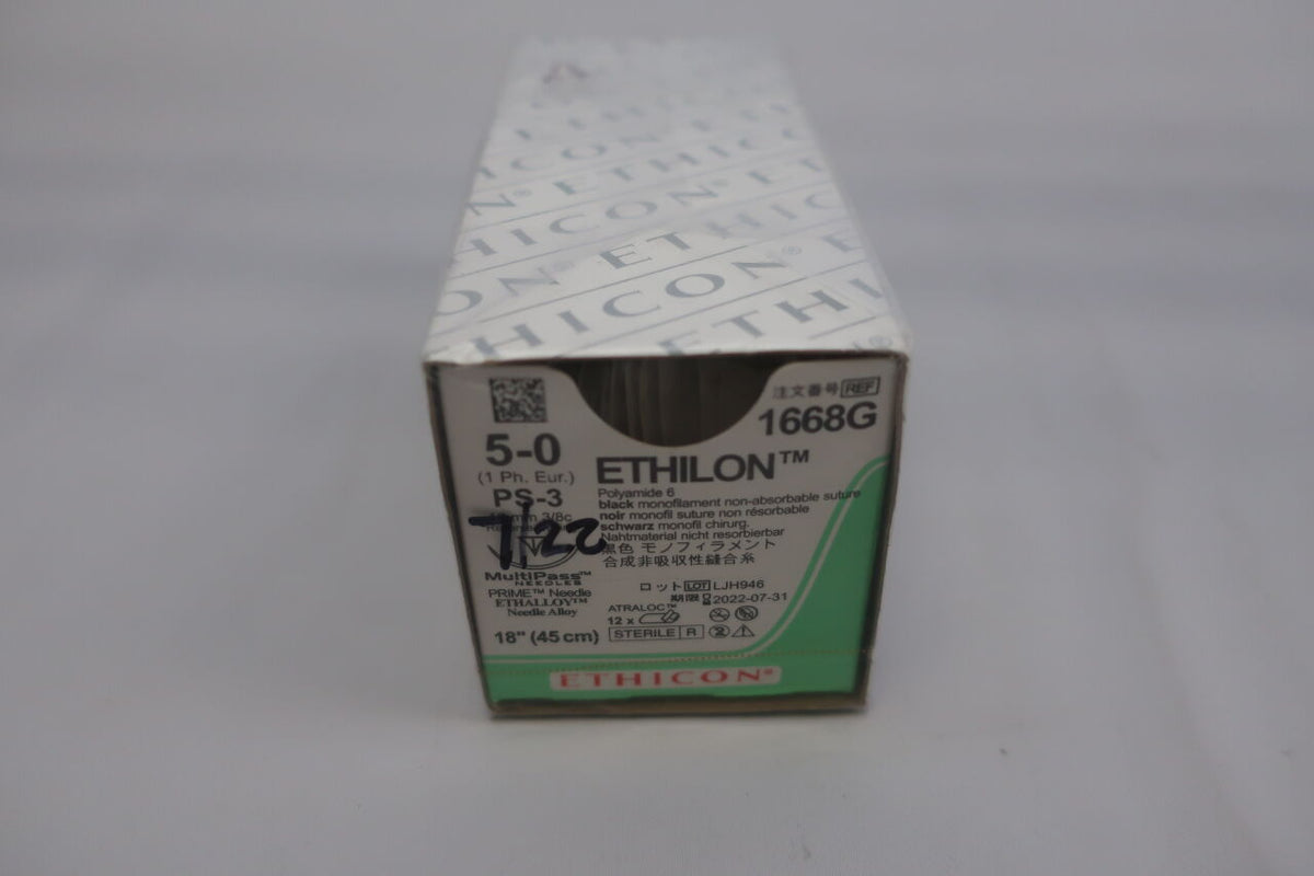 1668G - ETHICON - Ethilon Non-Absorbable Monofilament Nylon Suture, Size 5-0, 18 in. Length, PS-3 Needle, (BX/12)