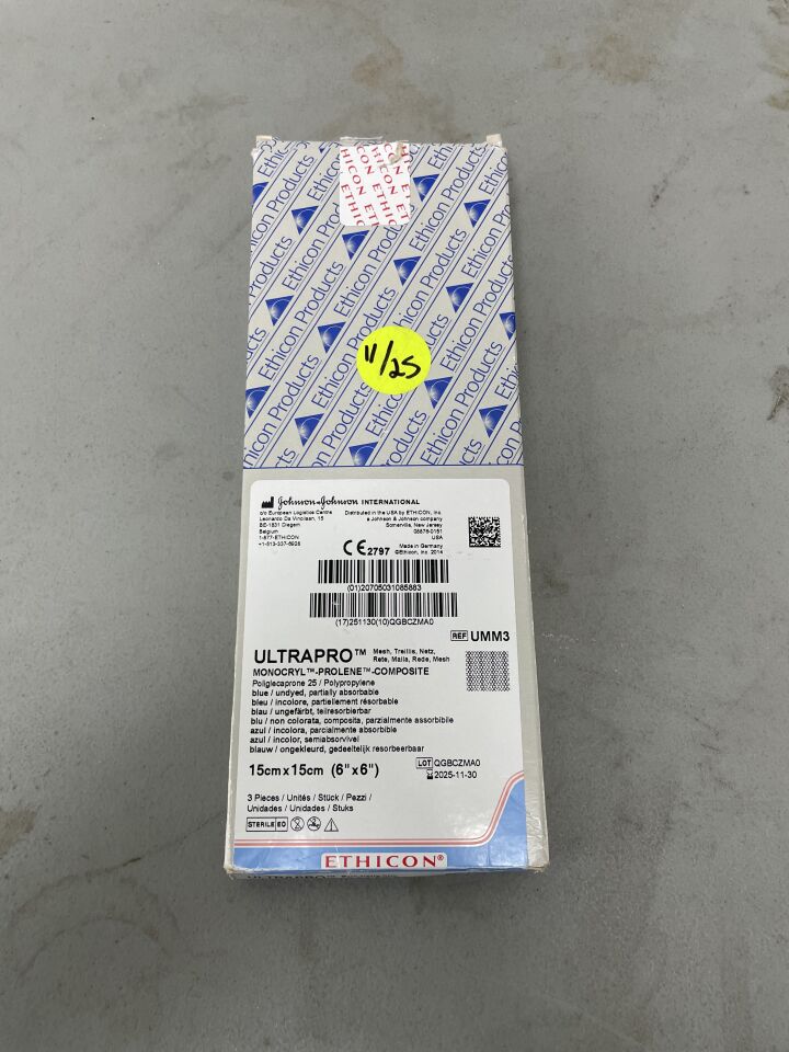 UMM3 - ETHICON - Ultrapro Flat Hernia Mesh, 15 x 15 cm, Square, (BX/3)