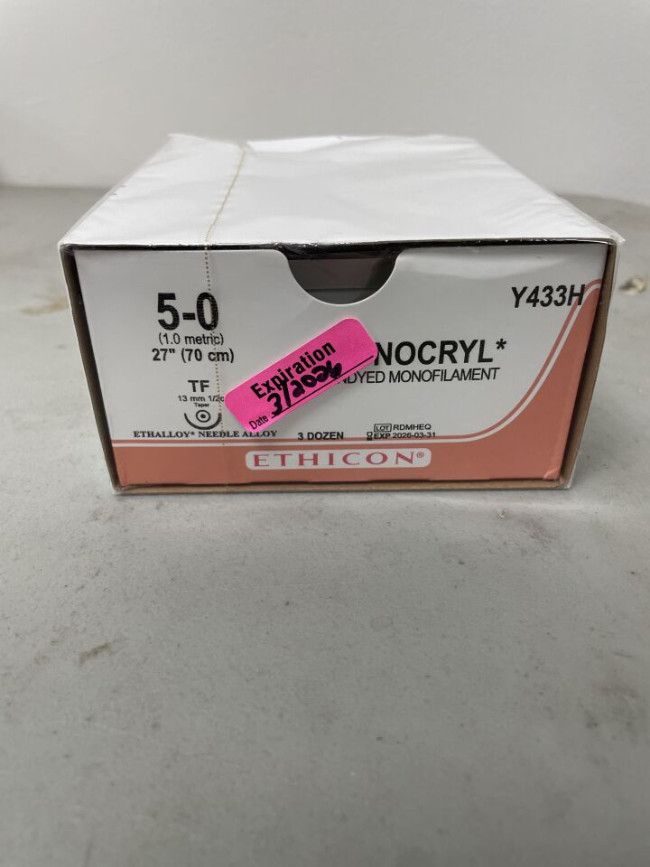 Y433H - ETHICON - Monocryl Absorbable Monofilament Poliglecaprone 25 Suture, Size 5-0, 27 in. Length, TF Needle, (BX/36)