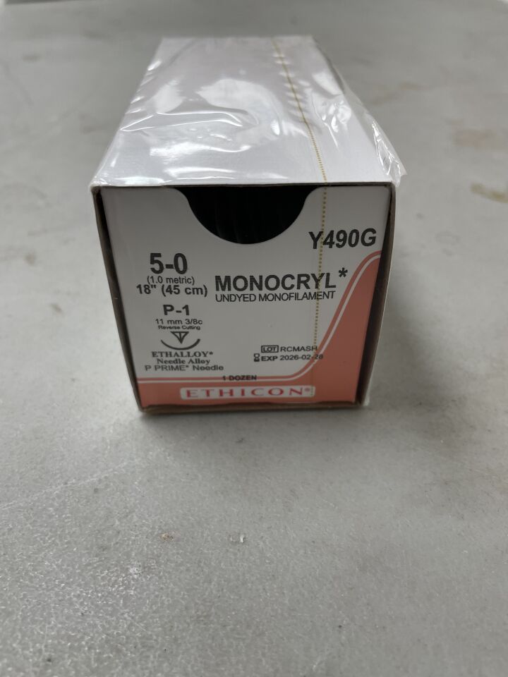 Y490G - ETHICON - Monocryl Absorbable Monofilament Poliglecaprone 25 Suture, Size 5-0, 18 in. Length, P-1 Needle, (BX/12)