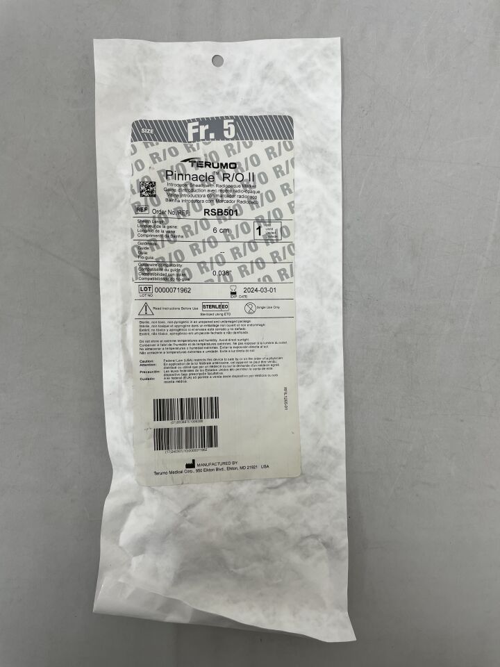 RSB501 - TERUMO - Pinnacle R/O II Introducer Sheath with Radiopaque Marker - 5Fr x 6cm x .038", (EA)