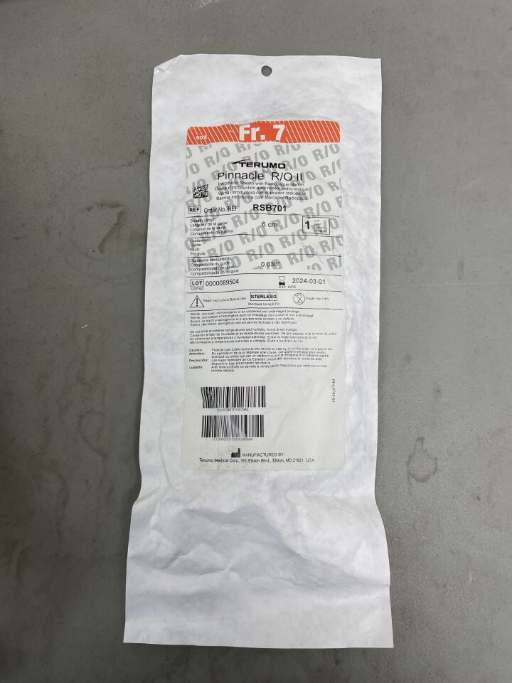 RSB701 - TERUMO - Pinnacle R/O II Introducer Sheath with Radiopaque Marker - 7Fr x 6cm x .038", (EA)