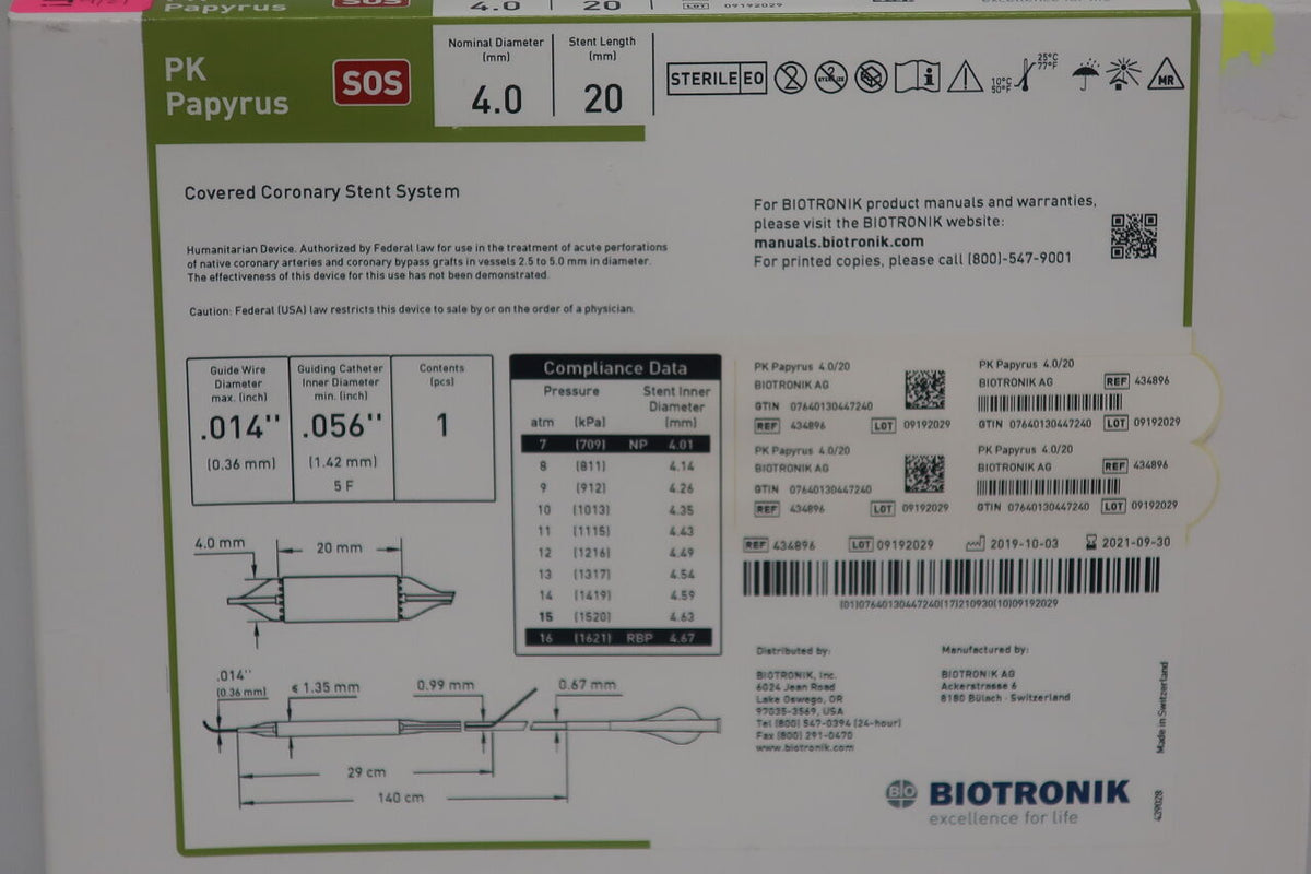 434896 - BIOTRONIK - Biotronik PK Papyrus Covered Coronary Stent 4.0mm x 20mm, 140cm, (BX/1)