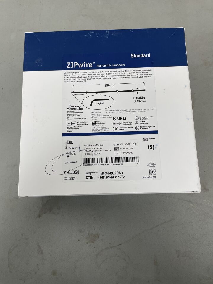 680206 - BOSTON SCIENTIFIC - ZIPwire Hydrophilic Guidewire, Standard, Angled 0.035in x 150cm, (BX/5)