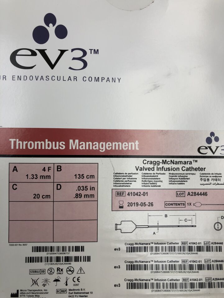 41042-01 - EV3 - ev3 Cragg-McNamara Valved Infusion Catheter, 4F x 135cm x 20cm x .035", (BX/1)
